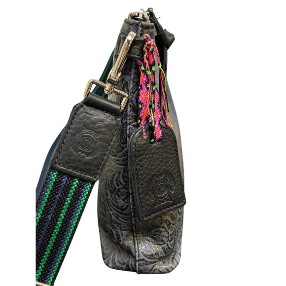 Consuela Black Embossed Crossbody Bag With Adjustable Striped Strap - Picture 3 of 10